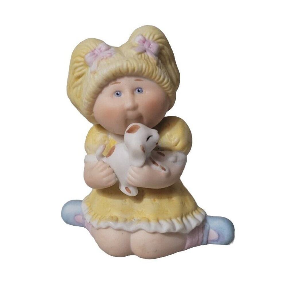 Vintage Cabbage Patch Kids Porcelain Girl Yellow Dress with Puppy Figurine 1985